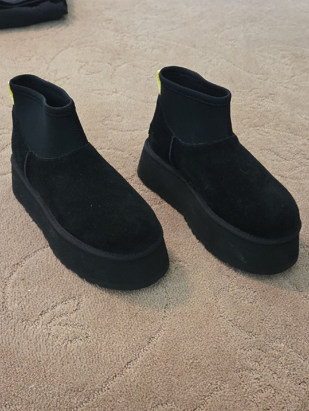 UGG Black Suede Platform Ankle Boots with Neon Accent